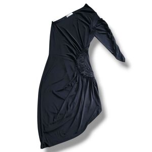 Vtg Linda Segal One Shoulder Sexy High Side Slit Ruched Stretch Dance Mini Dress